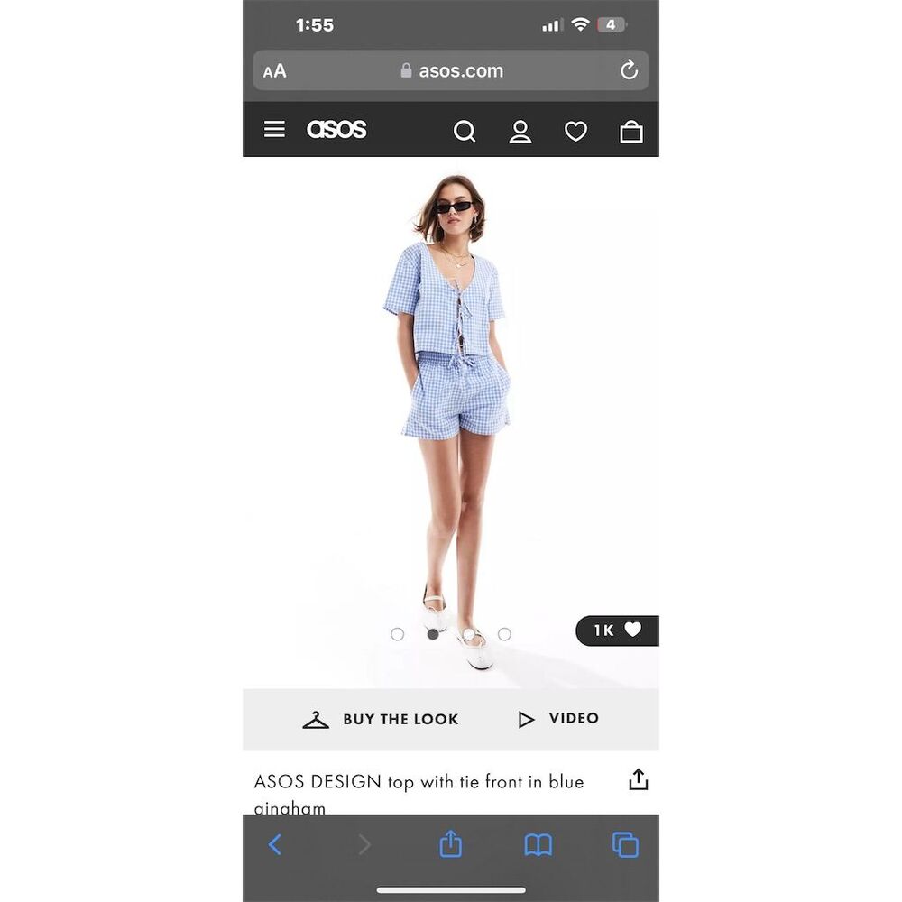 ASOS DESIGN Women's Blue Gingham Tie Front Top and Shorts Set Size 12